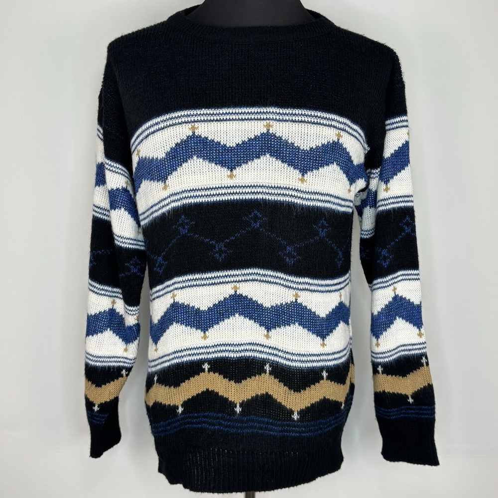 Vintage Sweater Graphix Men XL Black White Knit Fair Isle Geometric Pullover 80s